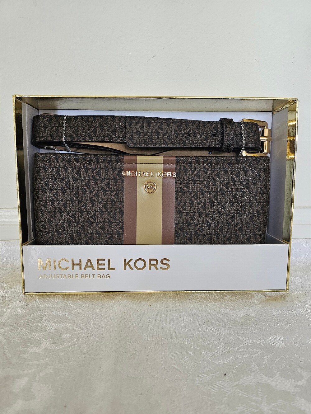 Michael Kors Brown Signature Belt Bag with Gold and Tan Stripe